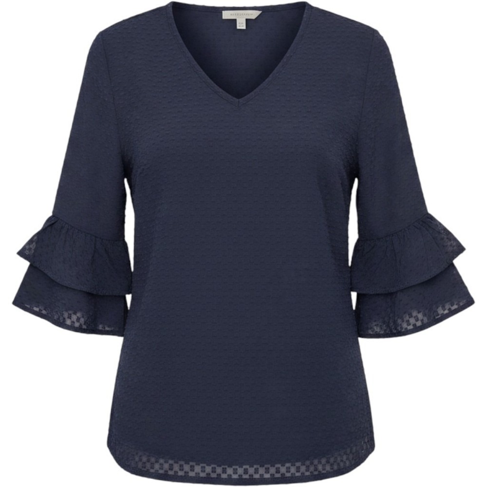 Liz Claiborne‎ Navy Blue V-Neck Textured Blouse Tiered Ruffle Bell Sleeve Top